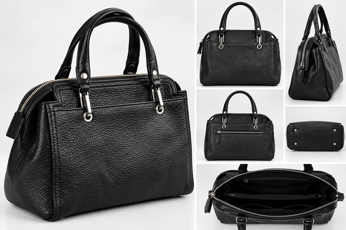 Sac à Main Noir Grainé – Double Poignée & Finitions Argentées