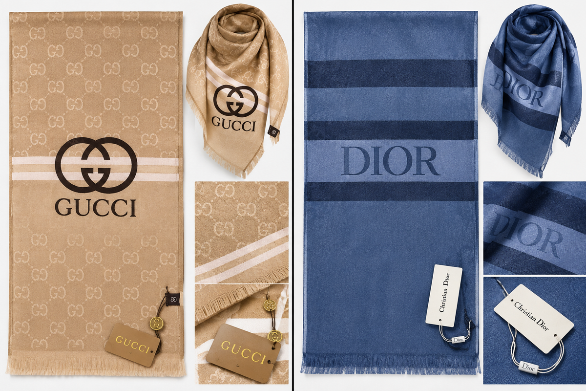 Écharpe Beige Motif Monogramme – Style Élégant