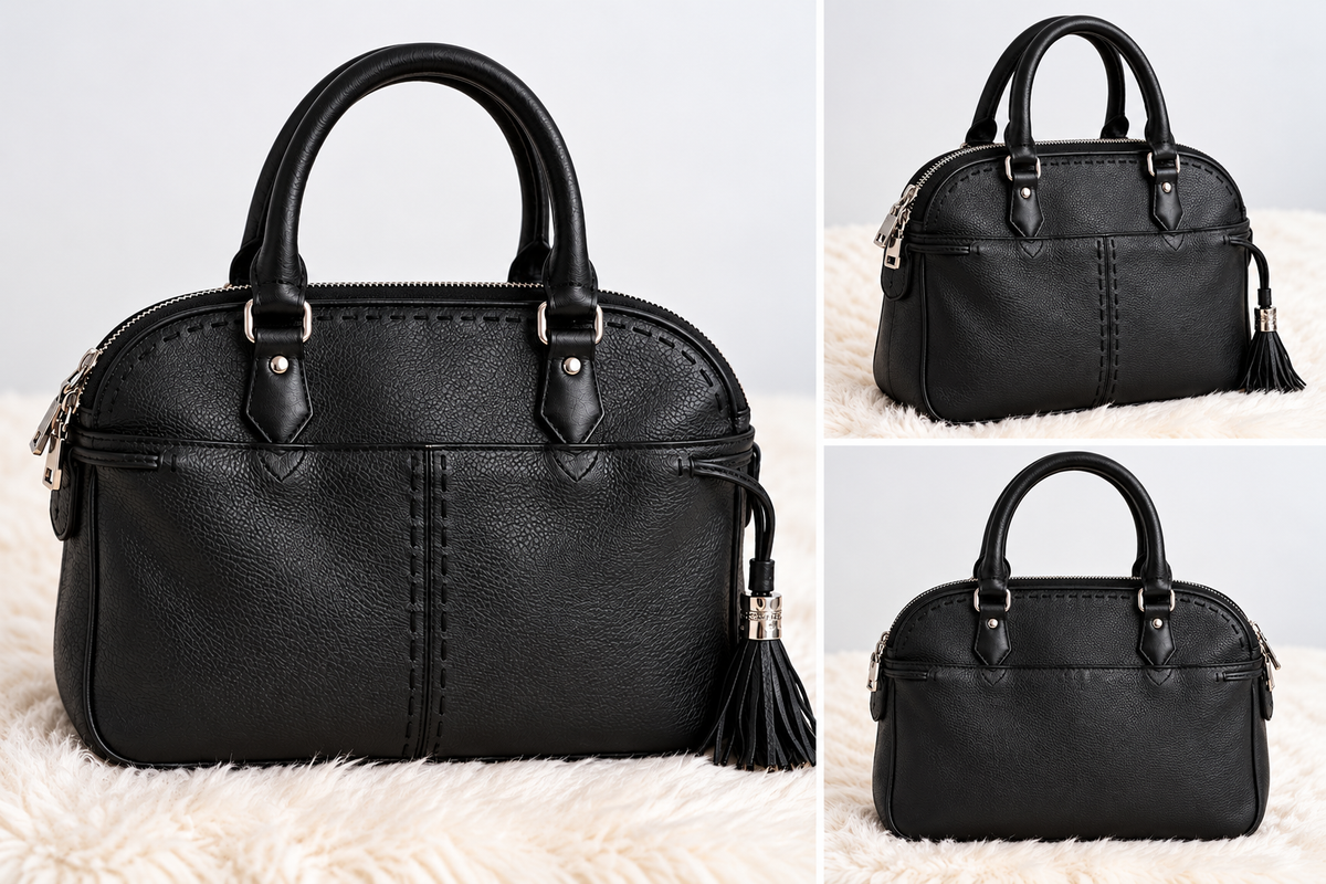 Sac à Main Cuir Noir – Poignées Rondes & Pompon