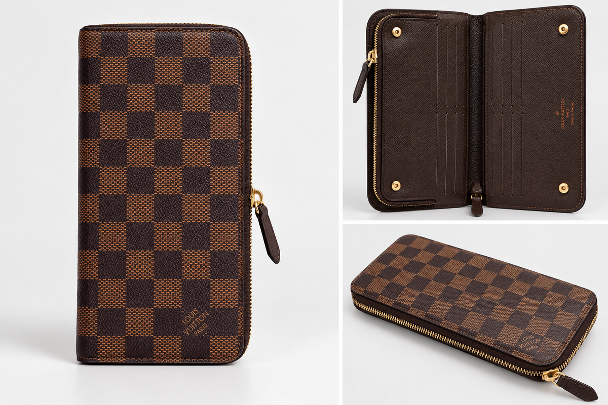 Portefeuille Long Motif Damier Marron – Format Zippé