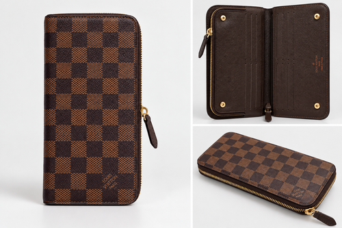 Portefeuille Long Motif Damier Marron – Format Zippé