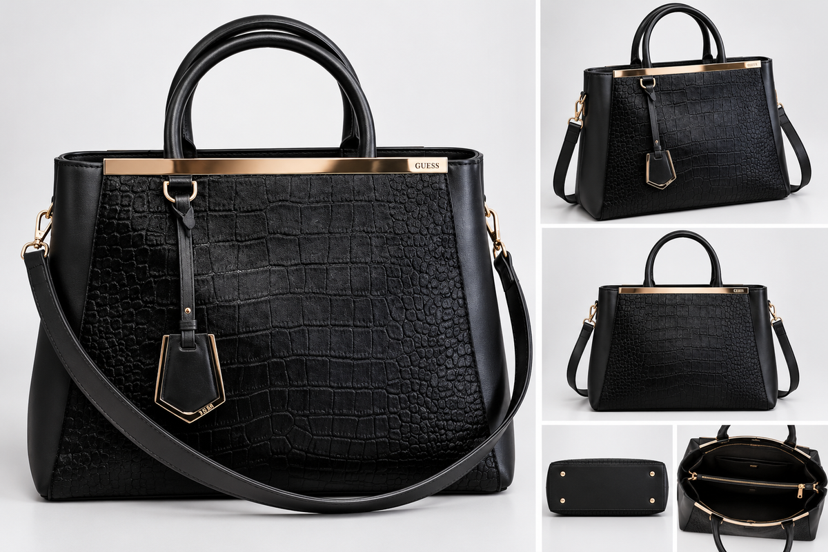 Sac à Main Noir Effet Croco – Bandoulière & Finitions Dorées